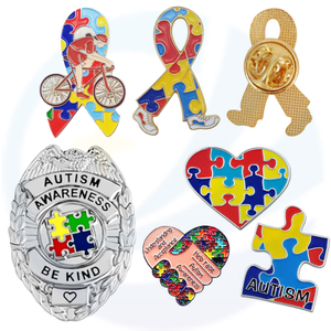 Custom Ribbon Heart Puzzle Piece Brooch Lapel Pin Badge Metal Enamel Autism Awareness Pin